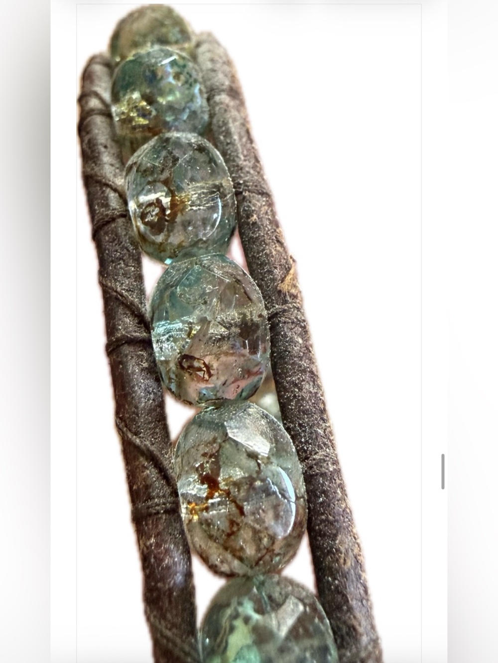 Handcrafted Brown Leather Bracelet with Aqua Glass Beads